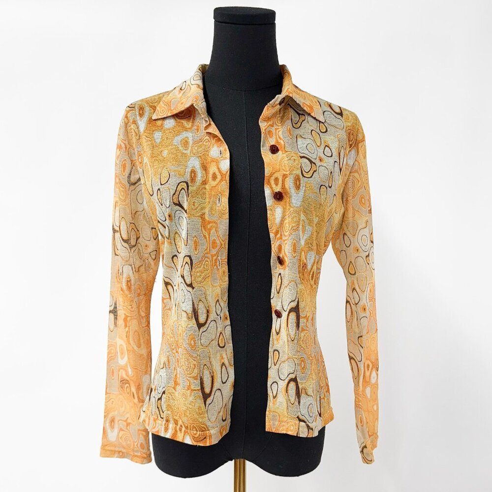 90S VINTAGE ABSTRACT SHEER BUTTON UP BLOUSE TOP